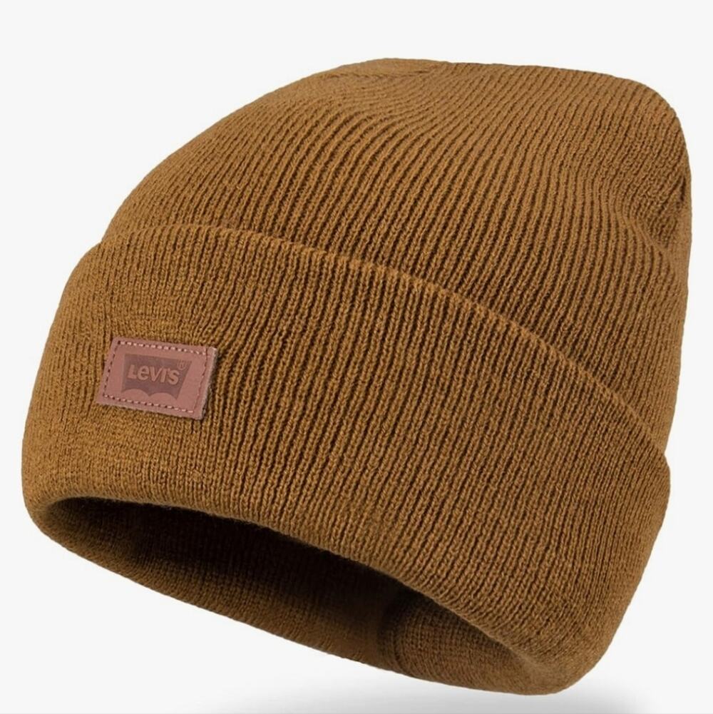 Levi's All Season Comfy Leather Logo Patch Cuffed Hero Beanie Tan